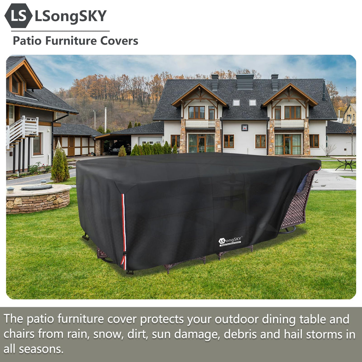 LSongSKY Outdoor Furniture Covers Waterproof,600D Heavy Duty Patio Cover for 6/7/8 PCS Sets Sectional Sofa Couch Dining Rocking Swivel Chairs Ottomans Coffee Table,111L x 74W x 28H inch Black LSongSKY