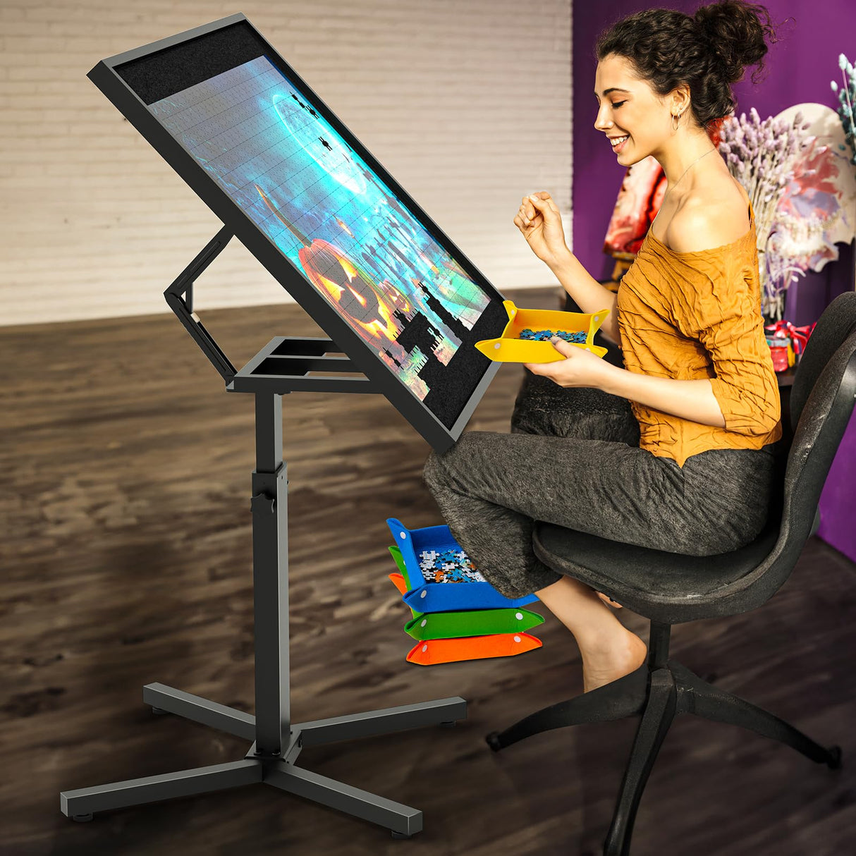 1500 Piece Jigsaw Puzzle Table with Leg, Metal Jigsaw Puzzle Table Adjustable Angle & Height,4 Trays and Semi Transparent Puzzle Cover, 28"x35" Jigsaw Puzzles Table for Adults and Kids Birthday AIMUCT