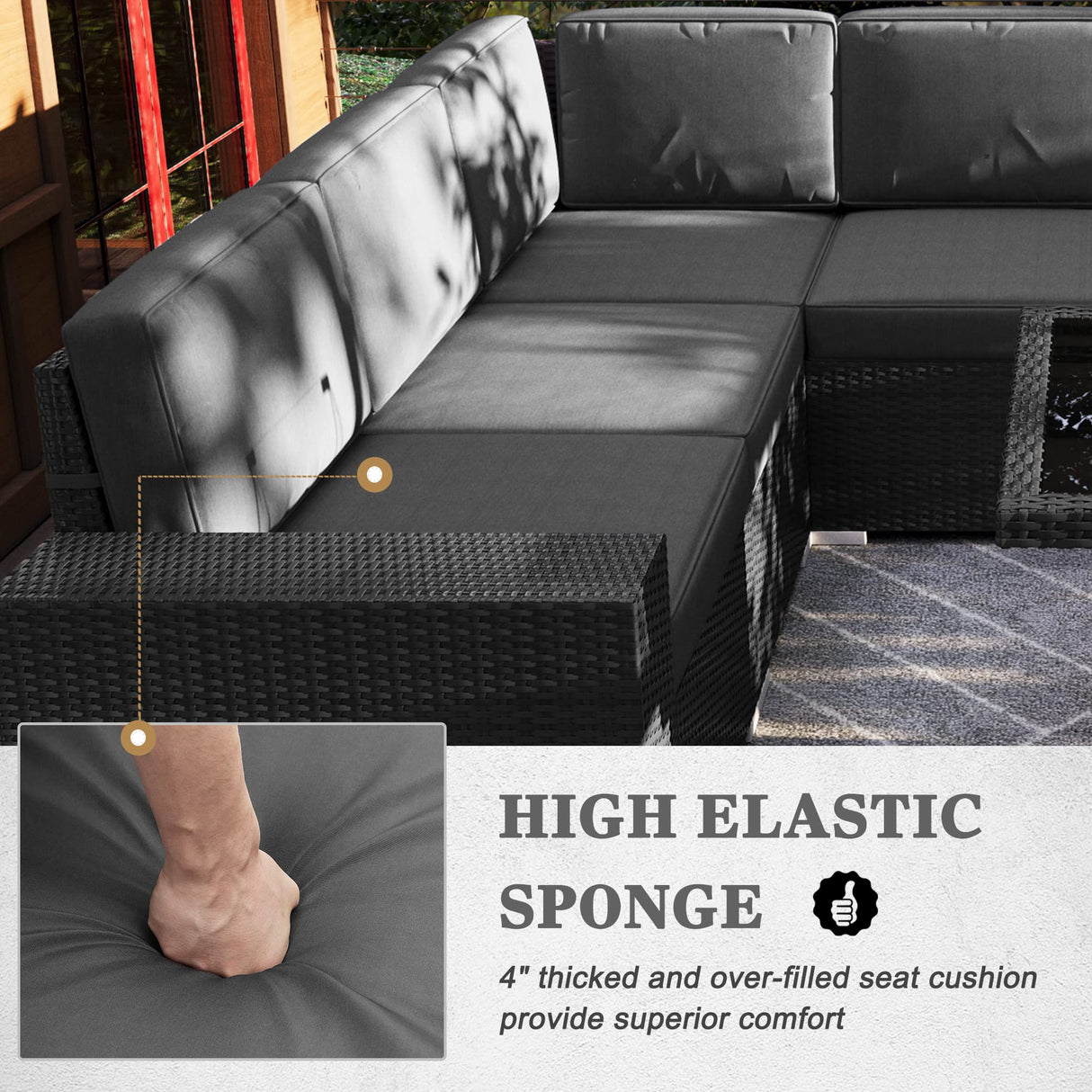 Vakollia 7 Pieces Patio Furniture Set with 44" Propane Gas Fire Pit Table, Outdoor Sectional Wicker Conversation Sofa Sets with Coffee Table Vakollia