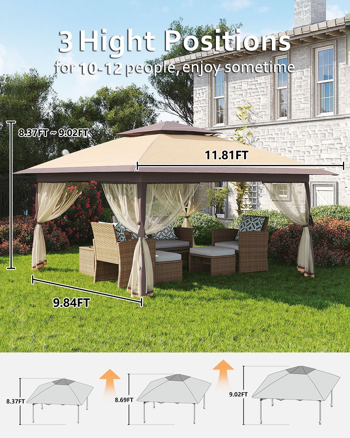 Garveelife Pop Up Gazebo 12x12,Canopy Tent with Mosquito Netting, One Push Setup for Backyard Patio Garden with 4 Sand Bags- Khaki Garveelife