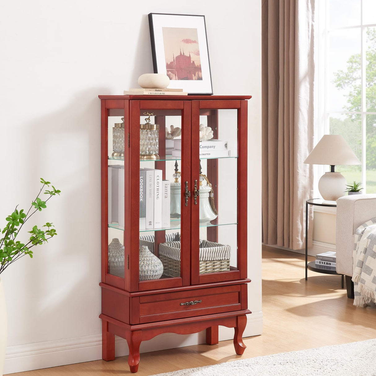 KEIKI Lighted Glass Display Curio Cabinet, 49" Tall Display Case with Adjustable Glass Shelves and Mirrored Back Panel for Living Room, Kitchen, Light Blub Included, Cherry KEIKI