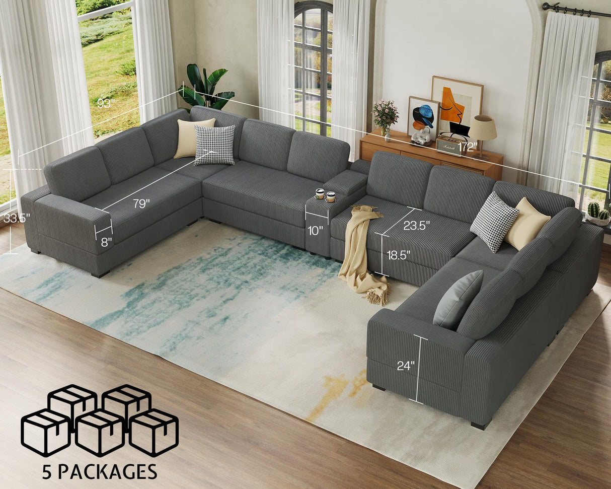 AMERLIFE 172 Inch U Shaped Couch, Modular Sectional Sofa with Storage Console, Oversized Couch with Charging Socket, Grey Comfy Couch AMERLIFE