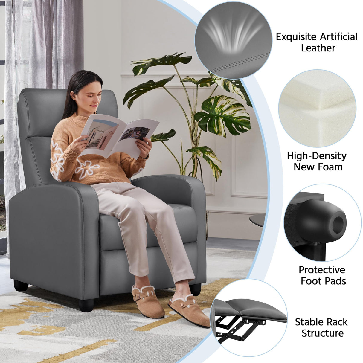 Yaheetech Recliner Chair PU Leather Recliner Sofa Home Theater Seating with Lumbar Support Overstuffed High-Density Sponge Push Silver Gray Recliners Yaheetech