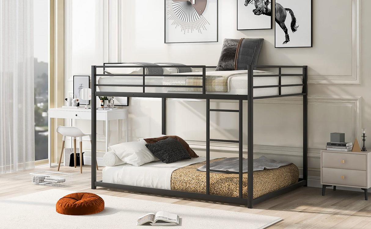 Bellemave Metal Bunk Bed Full Over Full, Low Profile Bunk Bed Frame with Ladder & Full Length Guardrail, Space-Saving Twin Size Bed Frame for Kids Teens, No Box Spring Needed (Black) Bellemave