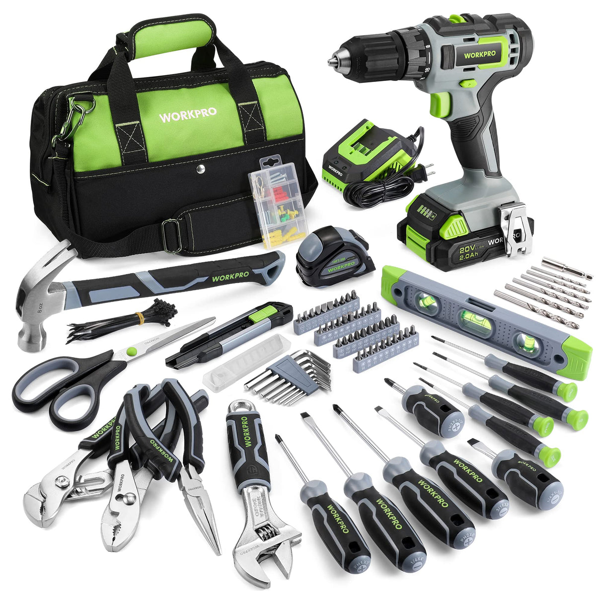 WORKPRO Home Tool Set with Power Drill, 157PCS Power Drill Sets with 20V Cordless Lithium-ion Drill Driver, Home Tool Kit for All Purpose, Cordless Drill Set Combo Kit With Tool Bag WORKPRO