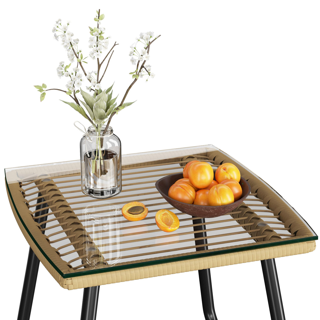 Yaheetech 3 Piece Patio Bistro Set Outdoor Wicker Bistro Furniture Sets, 2 Rattan Chairs and Glass Top Table for Patio, Balcony, Porch, Poolside, Backyard - Tan/Cream Yaheetech