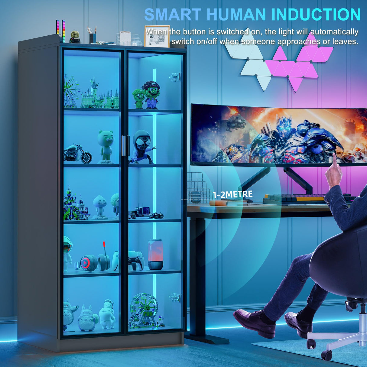 Lvifur 65" Display Cabinet with Lights, 5 Tier Curio Cabinets Bookcase with Adjustable Shelves, Tall Storage China-Cabinet with Human Body Induction for Living Room (Grey) Lvifur