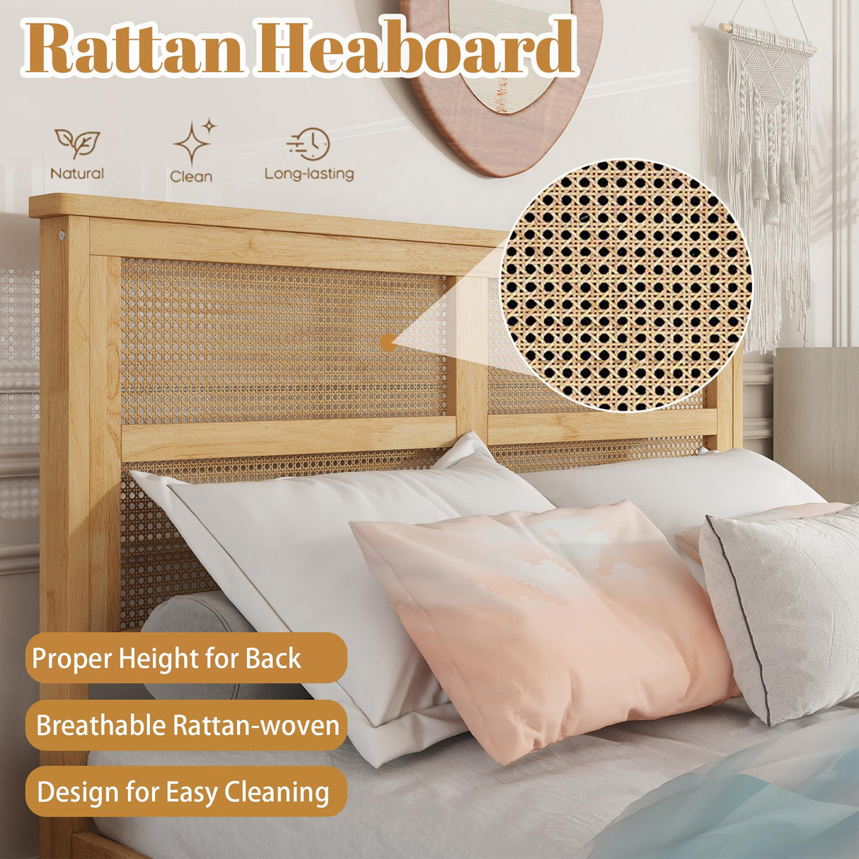 MoproBeti Full Bed Frame with Rattan Headboard,Rubber Wooden Boho Bed Frames with 2 Storage Drawers and Support Legs,No Box Spring Needed, White Oak MoproBeti