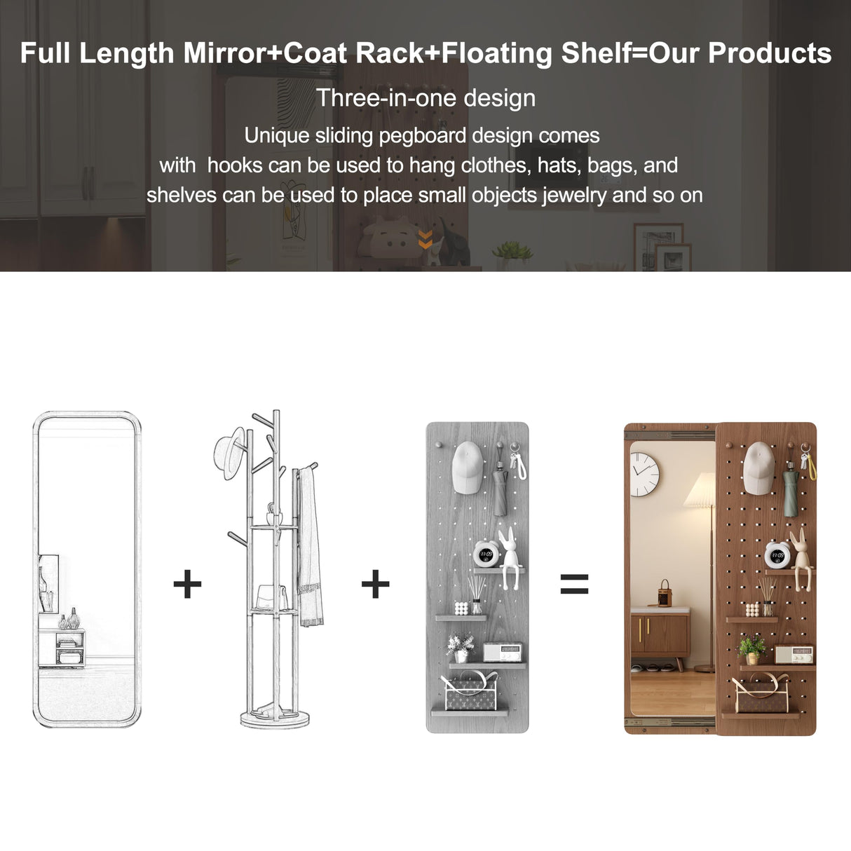 Wall Mirror Full Length,Wood Mirror with Shelf,Rustic Mirror with Hooks Full Length Mirror Wall Mounted Mirror with Multifunctional Design Panel,Living Room,Entryway KungFuWood