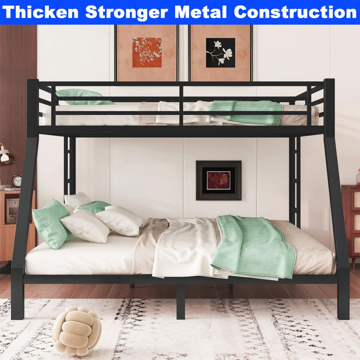 LEEKOUS Upgraded Version Thicken Metal Queen Over King Bunk Bed, Stronger Heavy Duty Steel Bunk Beds Queen Over King Size with Ladder and Guard Rail for Adults, Easy Assembly (Queen Over King) LEEKOUS