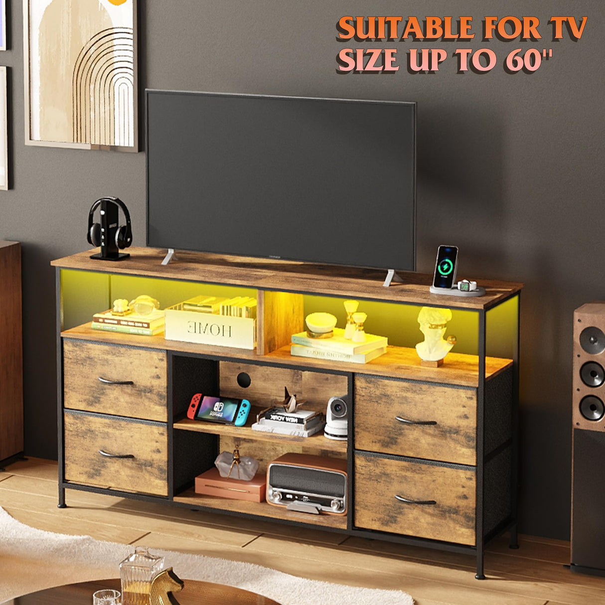 WLIVE TV Stand Dresser for 50,55,60 inch TV, Entertainment Center with LED Lights & Fabric Drawers, Dresser TV Stand for Bedroom and Living Room with Open Shelves, Rustic Brown WLIVE