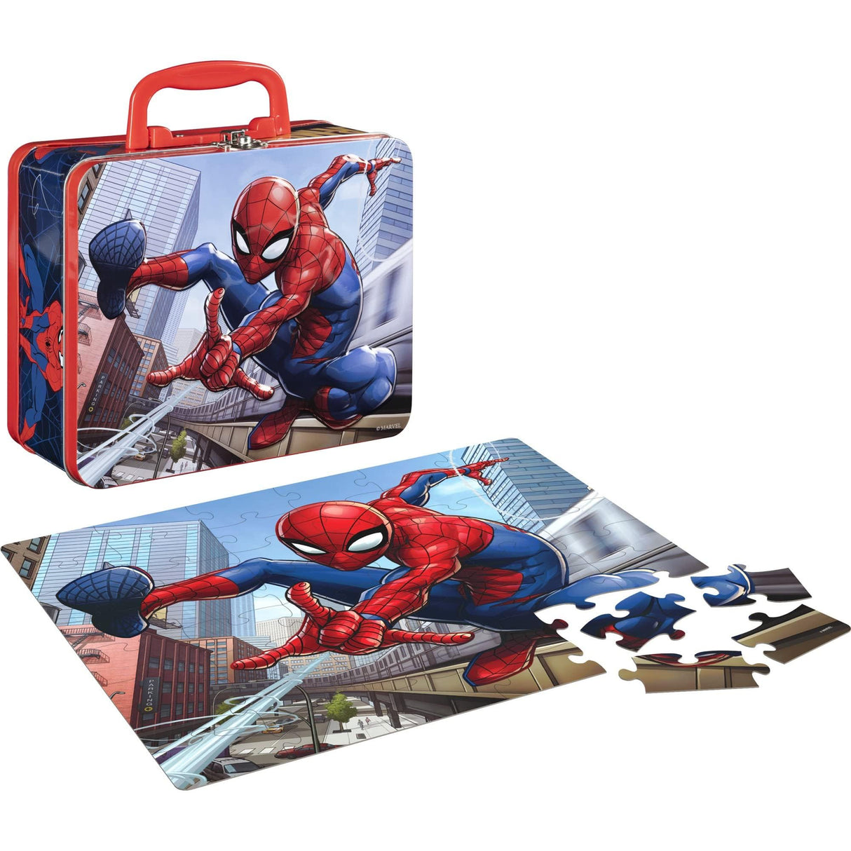 Marvel Spiderman 48 Piece Puzzle in Tin Lunchbox, Red, Blue, White Marvel