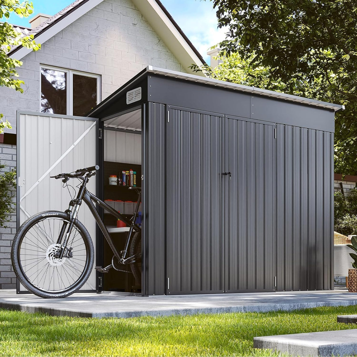 BinpLax 8'x4' Shed Galvanized Steel Storage Sheds with Triple Doors Weatherproof Outdoor Utility Sheds, Dual Lock Lean to Shed with Sloped Roof for Mower, Bike, Generator, Garden Tools (Black) BinpLax