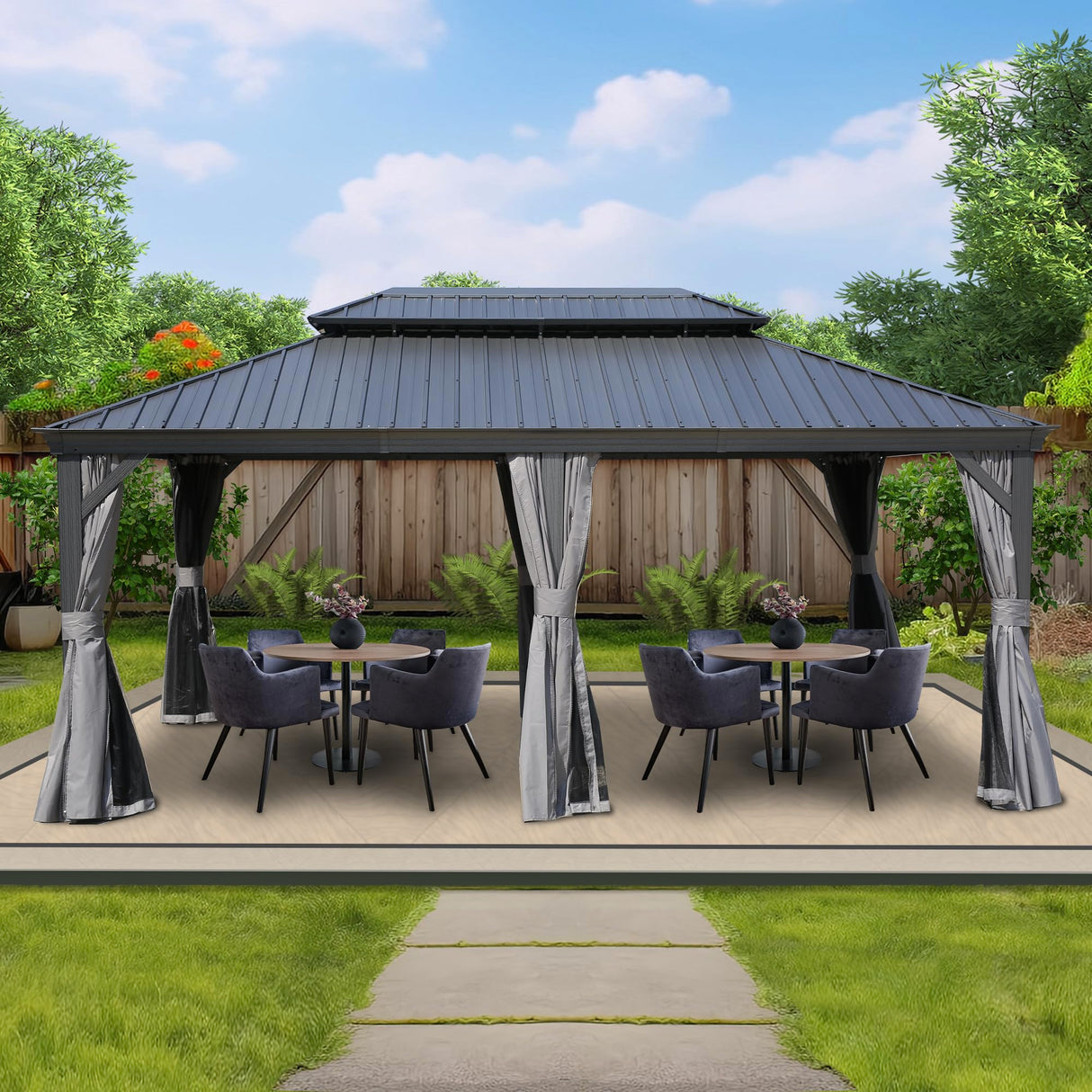 Kozyard Alexander 12' X 18' Hardtop Gazebo, Aluminum Metal Gazebo with Galvanized Steel Double Roof Canopy, Curtain and Netting, Permanent Gazebo Pavilion for Patio, Backyard, Deck, Lawn (Gray) Kozyard