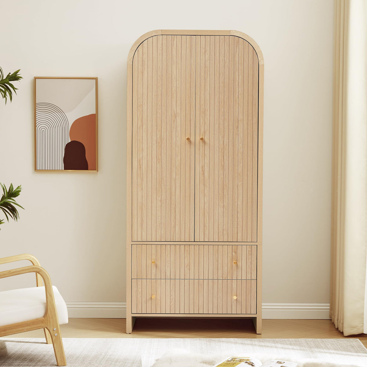 LEVNARY Arched Armoire Wardrobe Closet, Mid-Century Modern 2-Door Freestanding Wardrobe with Hanging Rod and 2 Drawers, Fluted Carved Clothing Storage Cabinet for Bedroom (Natural) LEVNARY