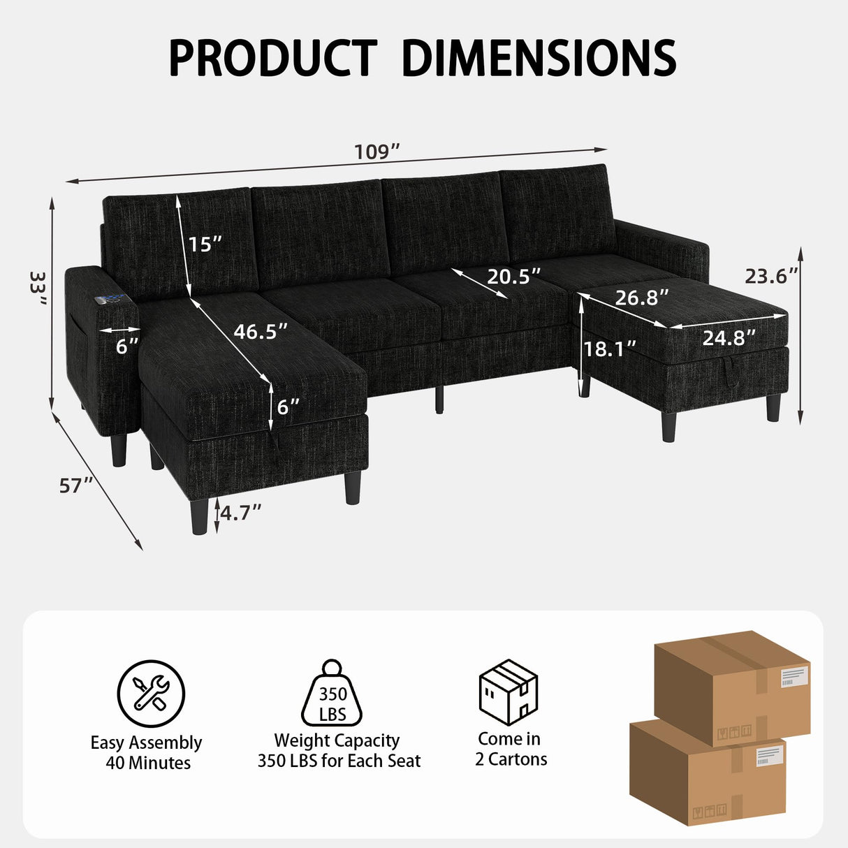 HYZQ Sectional Couches for Living Room, 4 Seat Linen Sectional Sofa with Reversible Chaise Lounge/Storage Ottoman, U Shaped Couch with Smart Module-Wireless Charging/USB/Type-C/RGB Light (Black) HYZQ