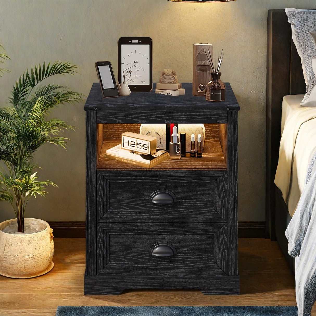 FONTOI Farmhouse Nightstand with Charging Station, End Table with Drawers, Bedside Table with 3 LED Lights Modes, Wood Nightstand with Smart Human Sensor for Bedroom, Black, Set of 2 FONTOI