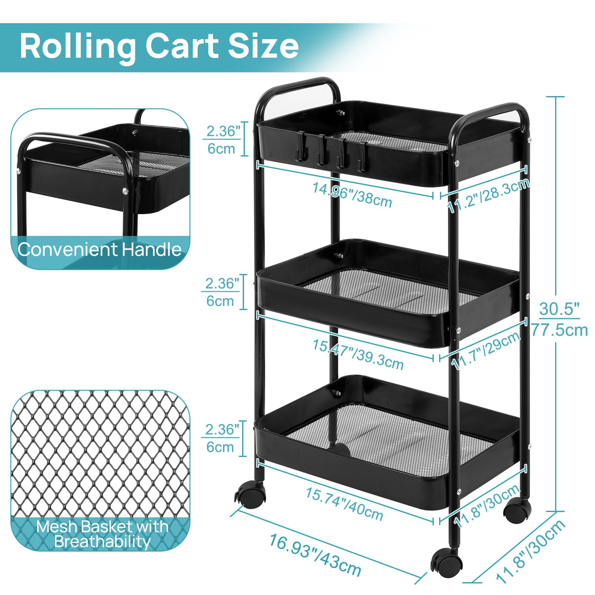 Vtopmart 3 Tier Metal Rolling Cart with Wheels, Utility Storage Cart with Handle and Lockable Casters, Storage Basket Organizer Shelves, Easy Assemble for Kitchen, Living Room, Office, Nursery, Black Vtopmart