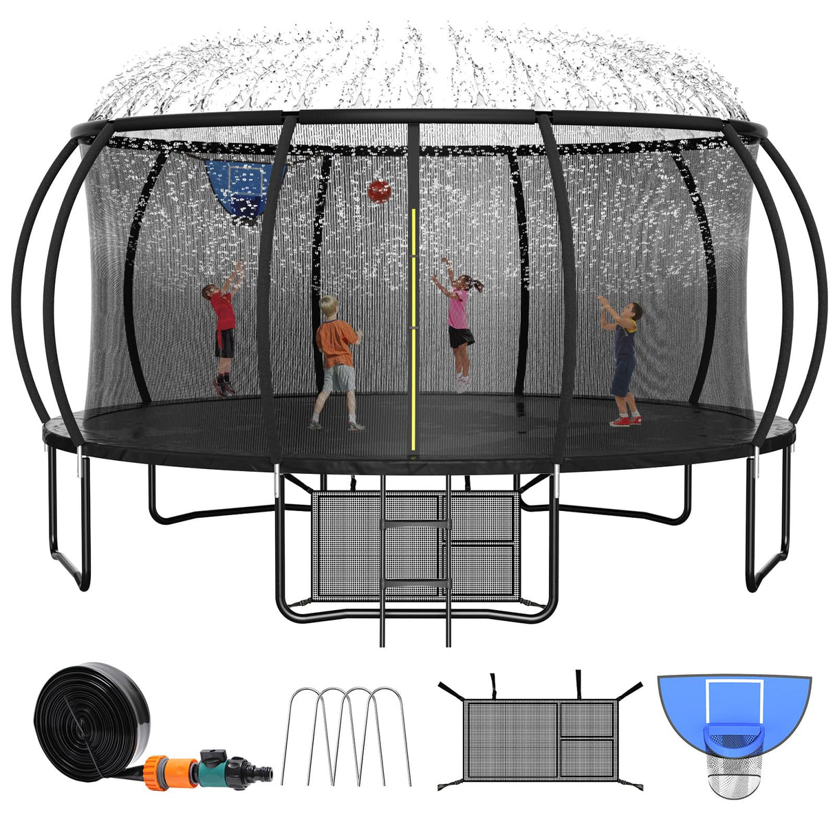 Zevemomo 16FT Trampoline for Kids and Adults, Outdoor Trampoline w/Basketball Hoop, Sprinkler, Ground Stakes/Anchors, Storage Bag, Galvanized Anti-Rust Coating, Gift for Kids and Adults Zevemomo