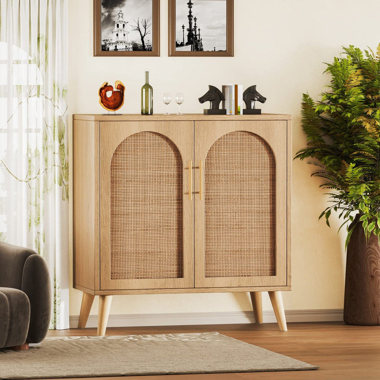 Rovaurx Rattan Storage Cabinet with Doors, Accent Bathroom Floor Cabinet, Modern Sideboard Buffet Cabinet for Living Room, Entryway, Dining Room and Kitchen, Natural BMGZ108M Rovaurx