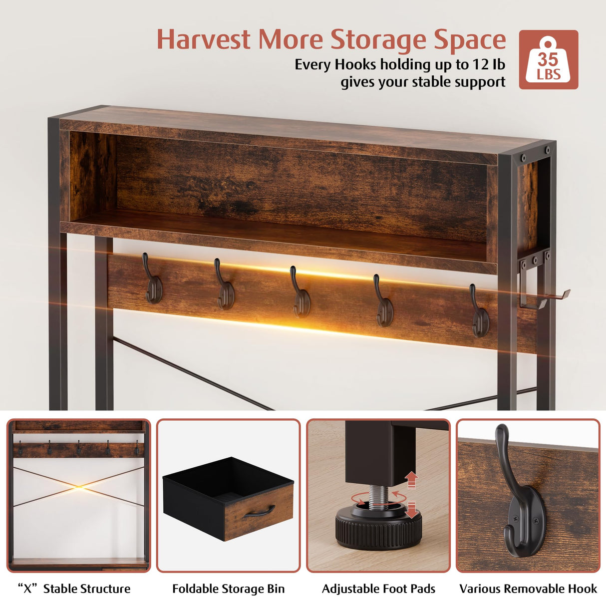 Lulive Hall Tree with Bench and Shoe Storage, 31.5" Coat Rack Freestanding with 2-Tier Storage Shelf, 6-in-1 Entryway Bench Coat Rack with 12 Hooks and 3 Drawers(Rustic Brown) Lulive