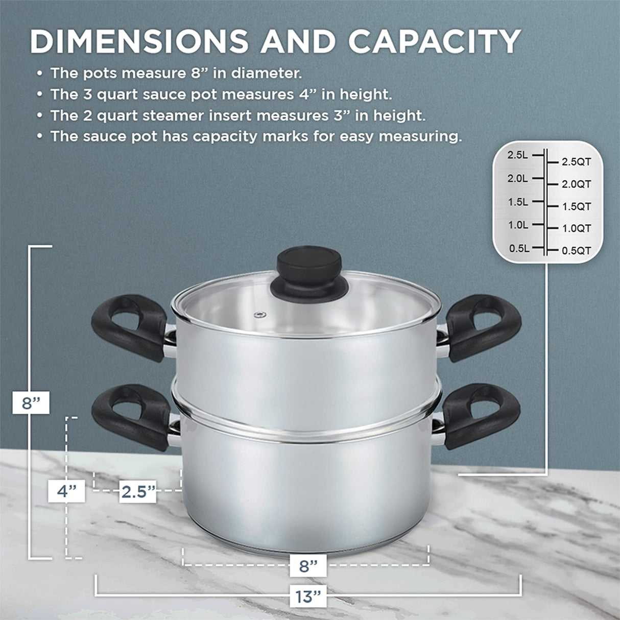 Nevlers 3 Piece Premium Heavy Duty Stainless Steel Steamer Pot Set Includes 3 Quart Cooking Pot, 2 Quart Steamer Insert and Vented Glass Lid | Stack and Steam Pot Set for All Cooking Surfaces Nevlers