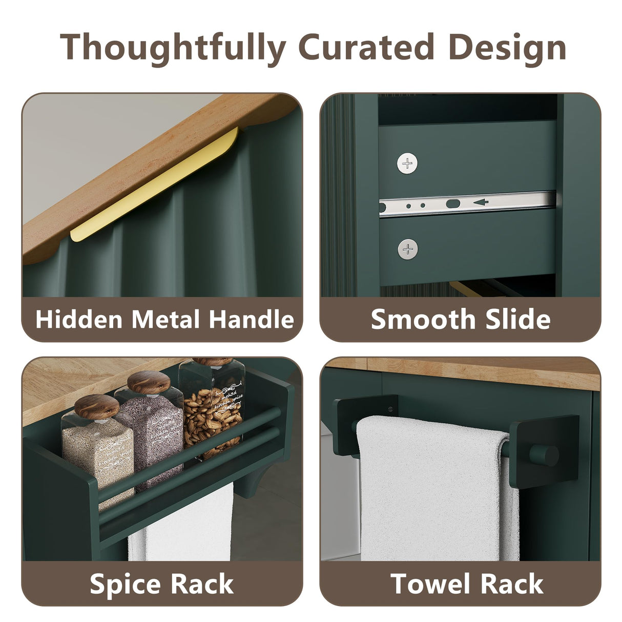 win2win Rolling Kitchen Island with Storage, Portable Kitchen Island with Drop Leaf Breakfast Bar, Modern Farmhouse Kitchens Cart on Wheels with Fluted Design, Towel Rack, Spice Rack, Green win2win