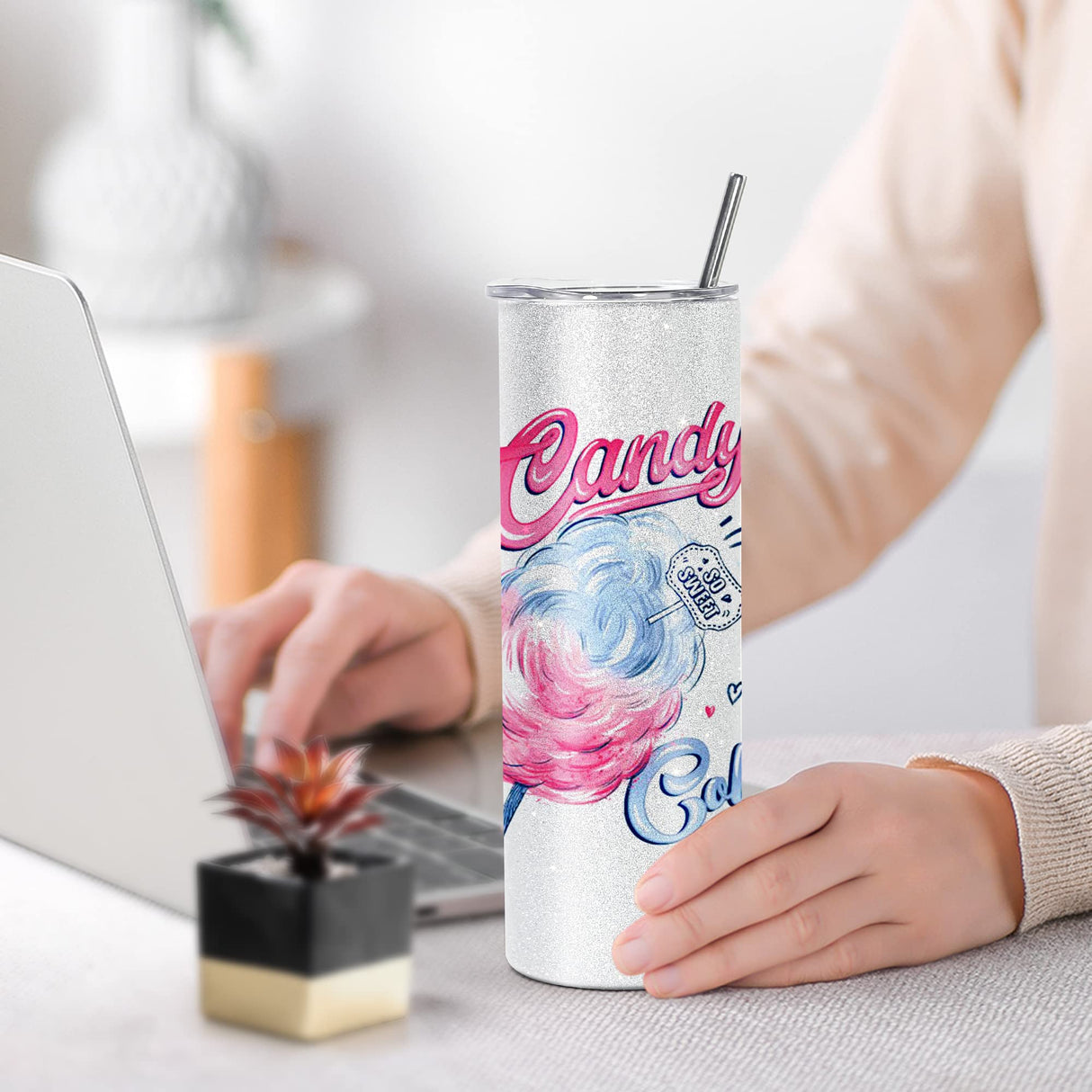 AGH 4PCS Sublimation Glitter Tumblers 20 oz Skinny Straight White 20oz Blanks Stainless Steel Cup with Lid & Metal Straw & Shrink Wrap & Brush AGH