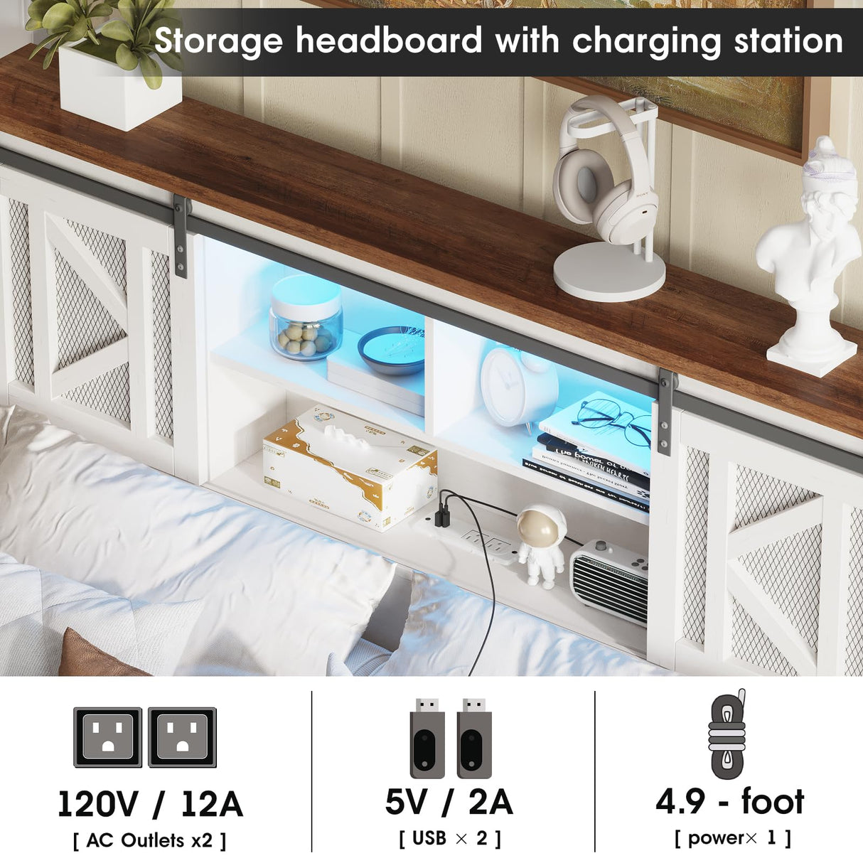 Fameill Farmhouse Full Size Bed Frame with Storage Headboard, Sliding Barn Door Design, 2-Tier Shelves Bookcase Storage, Charging Ports & USB Outlets, LED Light, No Box Spring Needed, Easy Assembly Fameill