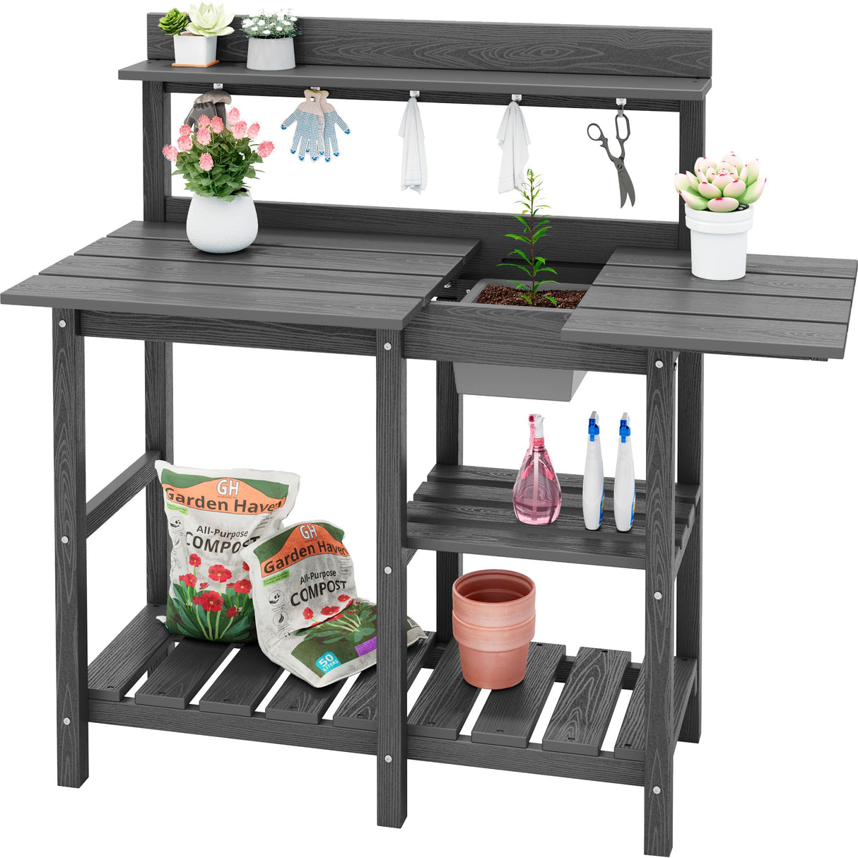 SERWALL Potting Bench Outdoor Potting Table with Sink, HDPE Potting Benches for Outside Gardening Table All Weather Use- Gray SERWALL