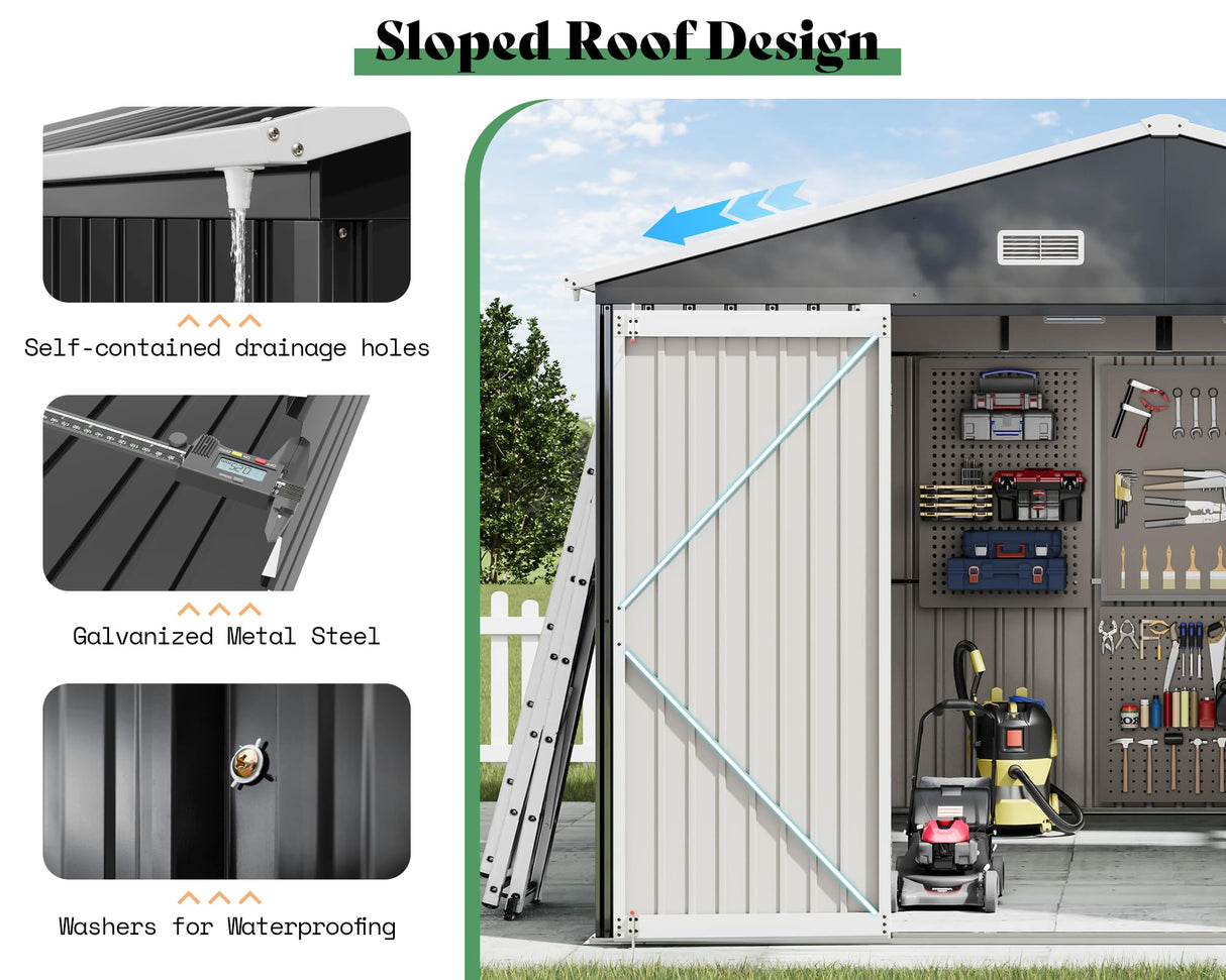 AMERLIFE 10x12x7 FT Galvanized Steel Storage Shed with 2 4-Pane Windows Hinged Double Doors, Outdoor Shed for Backyard, Garden, Patio, Dark Grey/White AMERLIFE