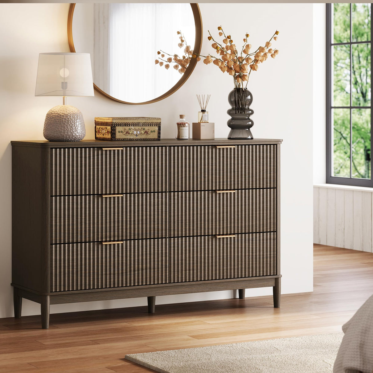 LINSY Fluted Dresser for Bedroom with 6 Drawers, Mid Century Modern Chest of Drawers with Gold Metal Handles, Wide Boho Wood Dressers, Large Farmhouse Storage Cabinet for Bedroom, Living Room, Walnut LINSY