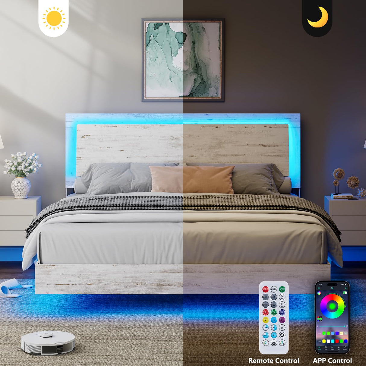 LUXOAK Full Size Floating Platform Bed Frame with LED Light, Farmhouse Bed Frame with Headboard/No Box Spring Needed/Noise Free/Easy Assembly, Distressed White LUXOAK