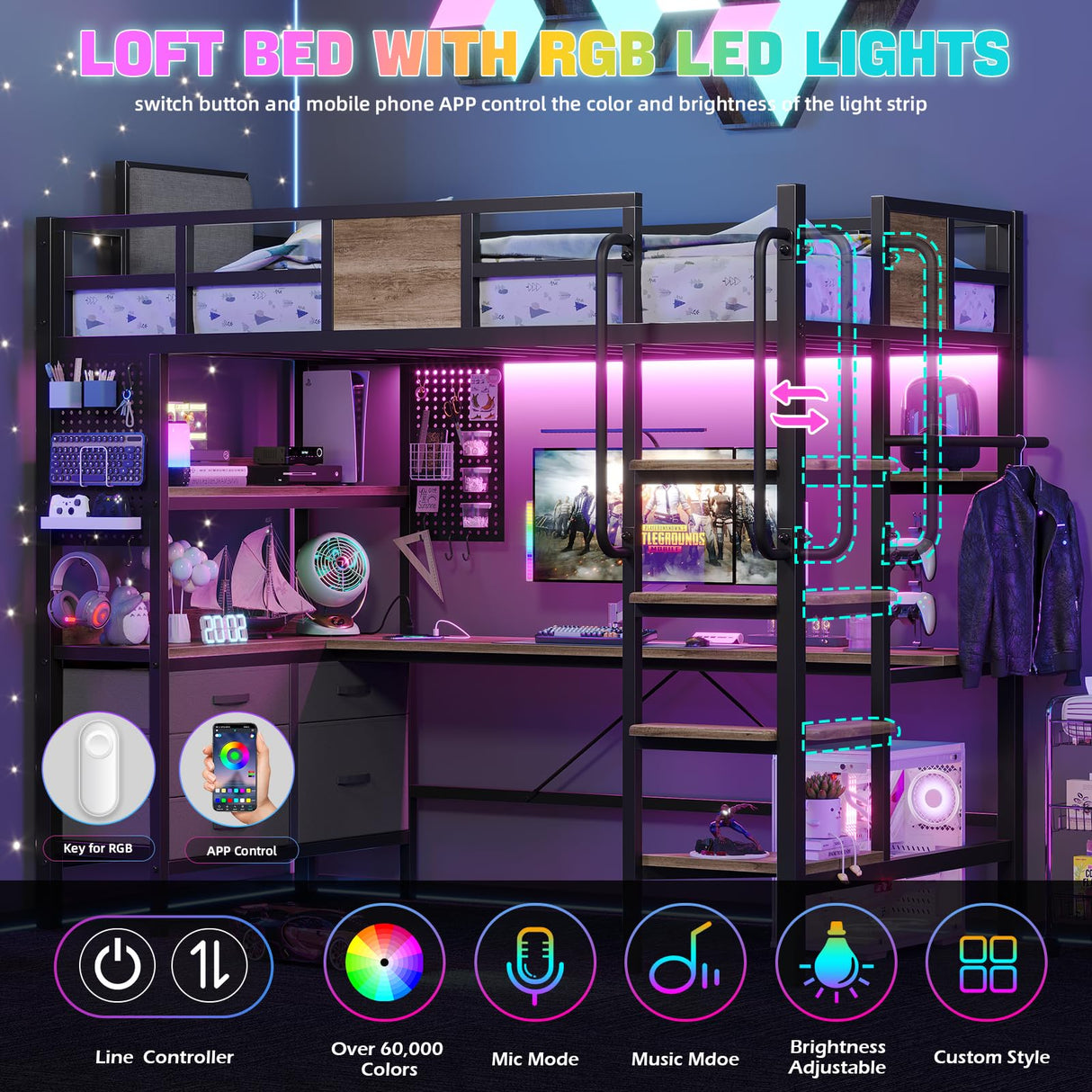 BYSAUD Loft Bed Twin Size with L Shaped Desk and Storage, Metal Bunk Loft Bed Frames with Desk Underneath and LED Lights and Charging Station 5 Drawer 2 Pegboards Clothes Rack, Noise Free, Gray BYSAUD