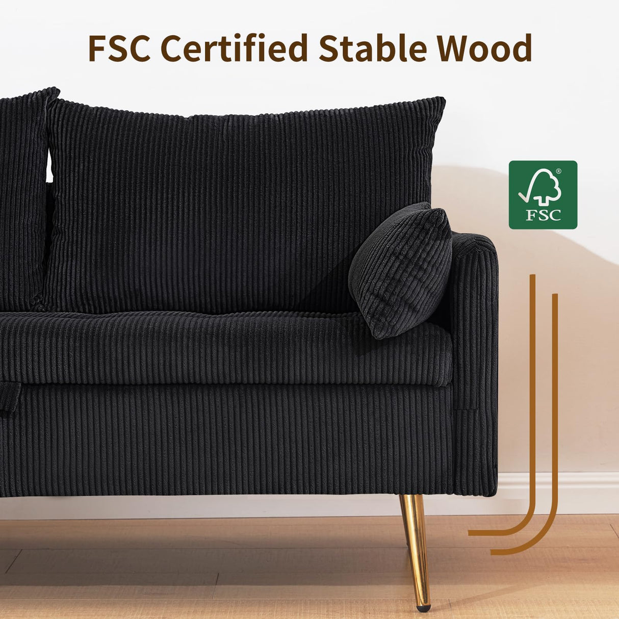 Furnimart 3-Seater Storage Sofa and Couch, Corduroy Loveseat with Accent Single Chair, Small Living Room Furniture Set for Apartment, Tiny Homes and Lofts, 2PC-Black Furnimart