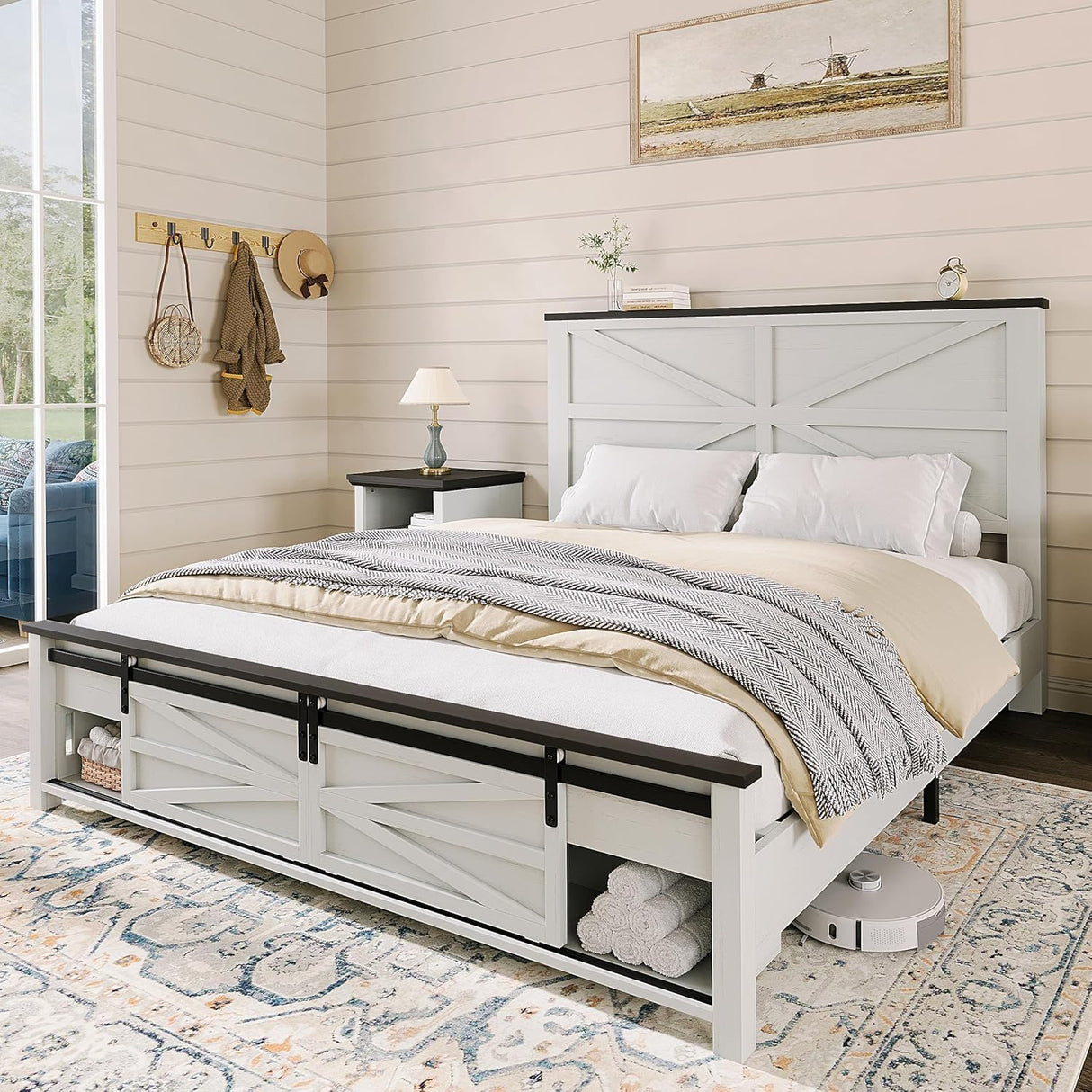 AMERLIFE 48.8" Farmhouse Wood Bed Frame Queen Size with Sliding Barn Door Storage Cabinets and Headboard, No Box Spring Needed, Solid Wood Slats Support,No Squeak,Antique White AMERLIFE
