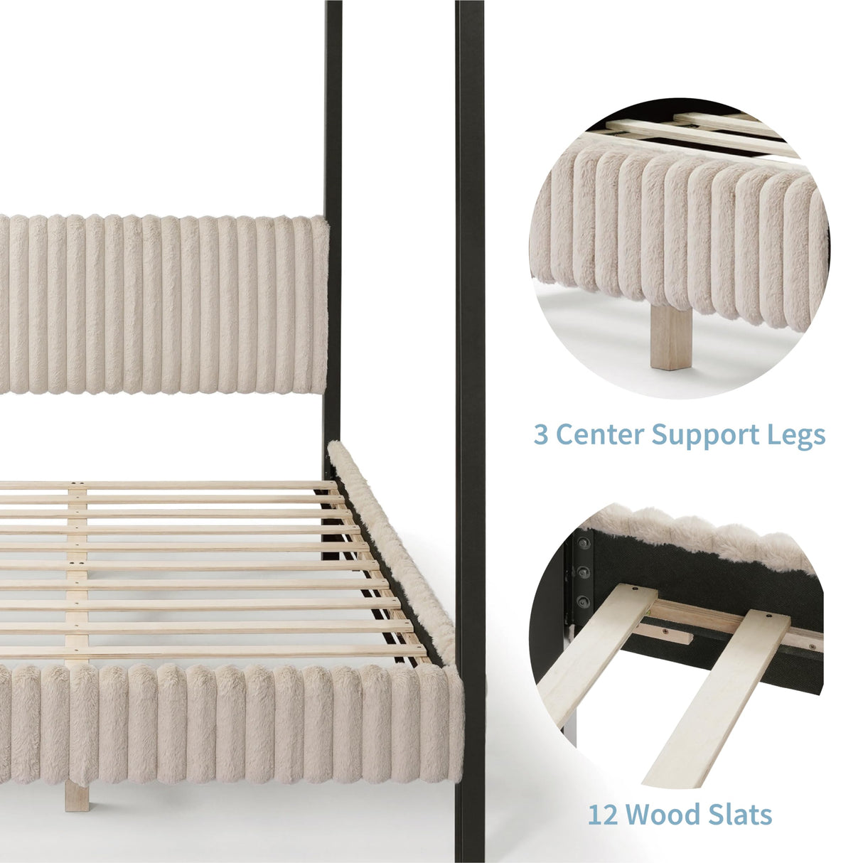 Evadne Modern Canopy Bed Frame Queen Size in Light Brown with Upholstered Channel Headboard and Wooden Slats Support HOMES: Inside + Out