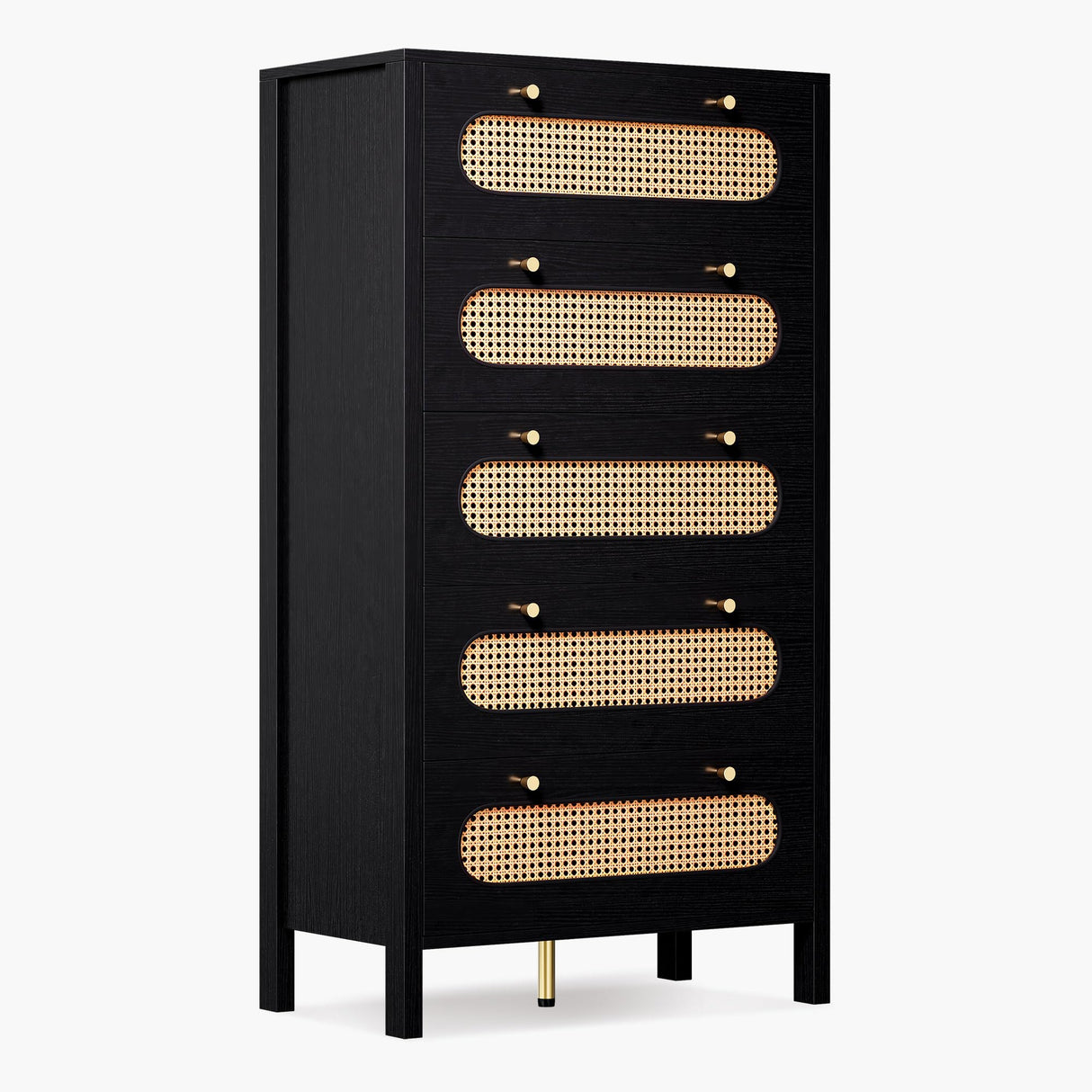 DWVO 47" Tall Natural Rattan Buffet Sideboard Cabinet 5 Drawer Boho Dresser Chest of Drawers with Golden Handles, Wood Dresser Storage Cabinet for Hallway, Entryway, Hold up to 300lbs, Black DWVO