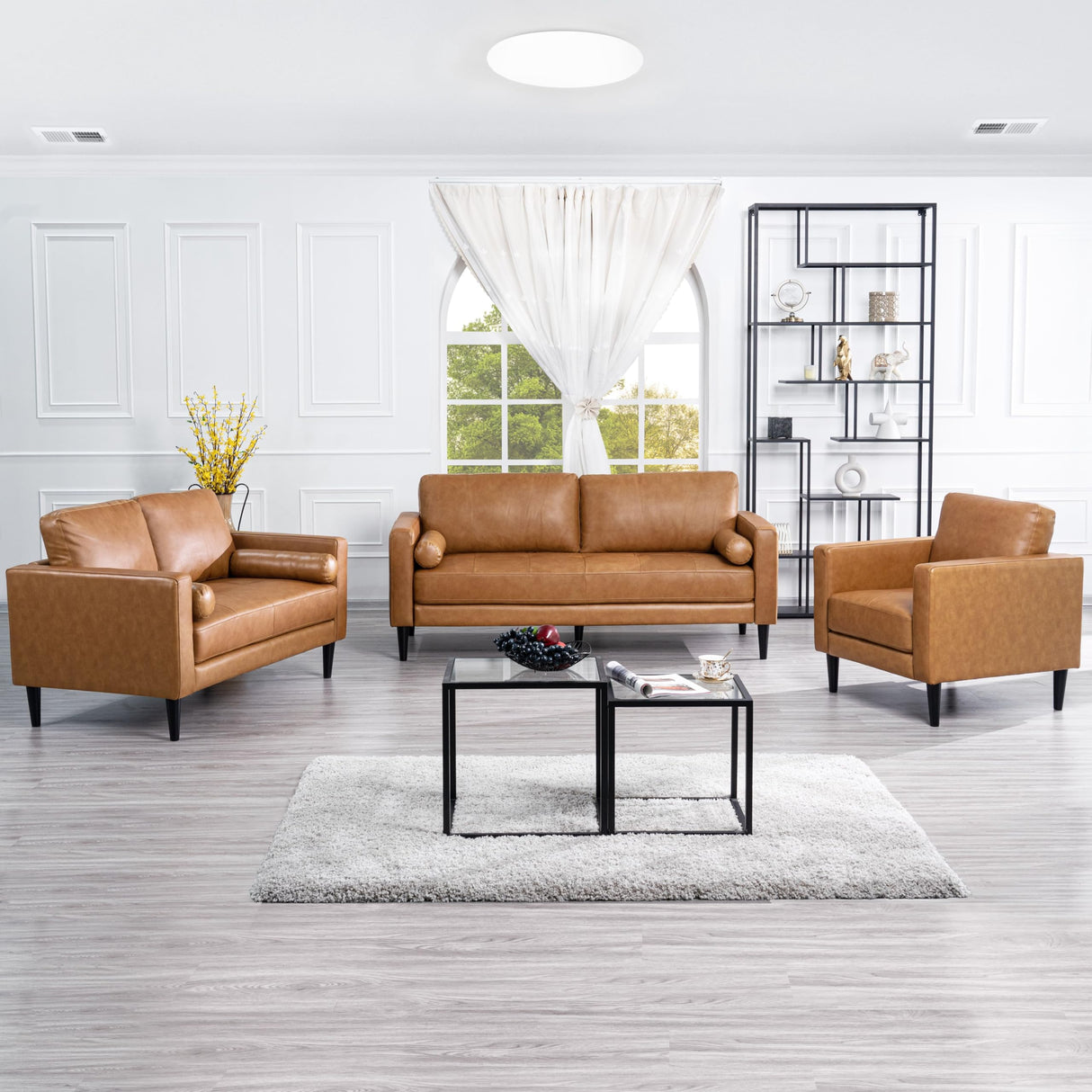 Naomi Home Genuine Leather Upholstered Sofa Set - Revel in Exquisite Leather Opulence - Unparalleled Luxury Mid-Century Leather Chair/Loveseat/Sofa Tan Naomi Home