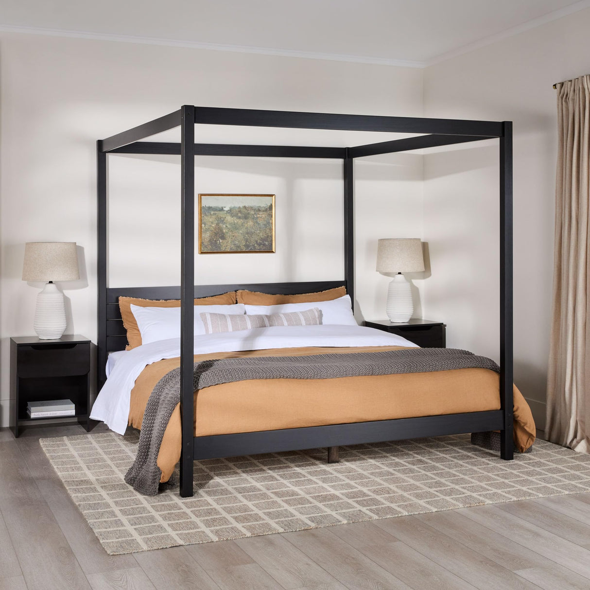 Walker Edison King Minimalist Slatted Headboard Canopy Bedframe, King Size, Black Walker Edison