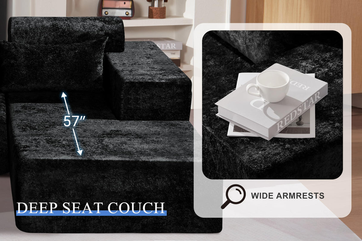 HABUTWAY 105" L-Shape Modular Sectional Sofa Couch for Living Room,No Assembly Required,Modular Comfy Sofa with Deep Seat for Living Room Bedroom,Luxury Distressed Velvet(Right,Black) HABUTWAY