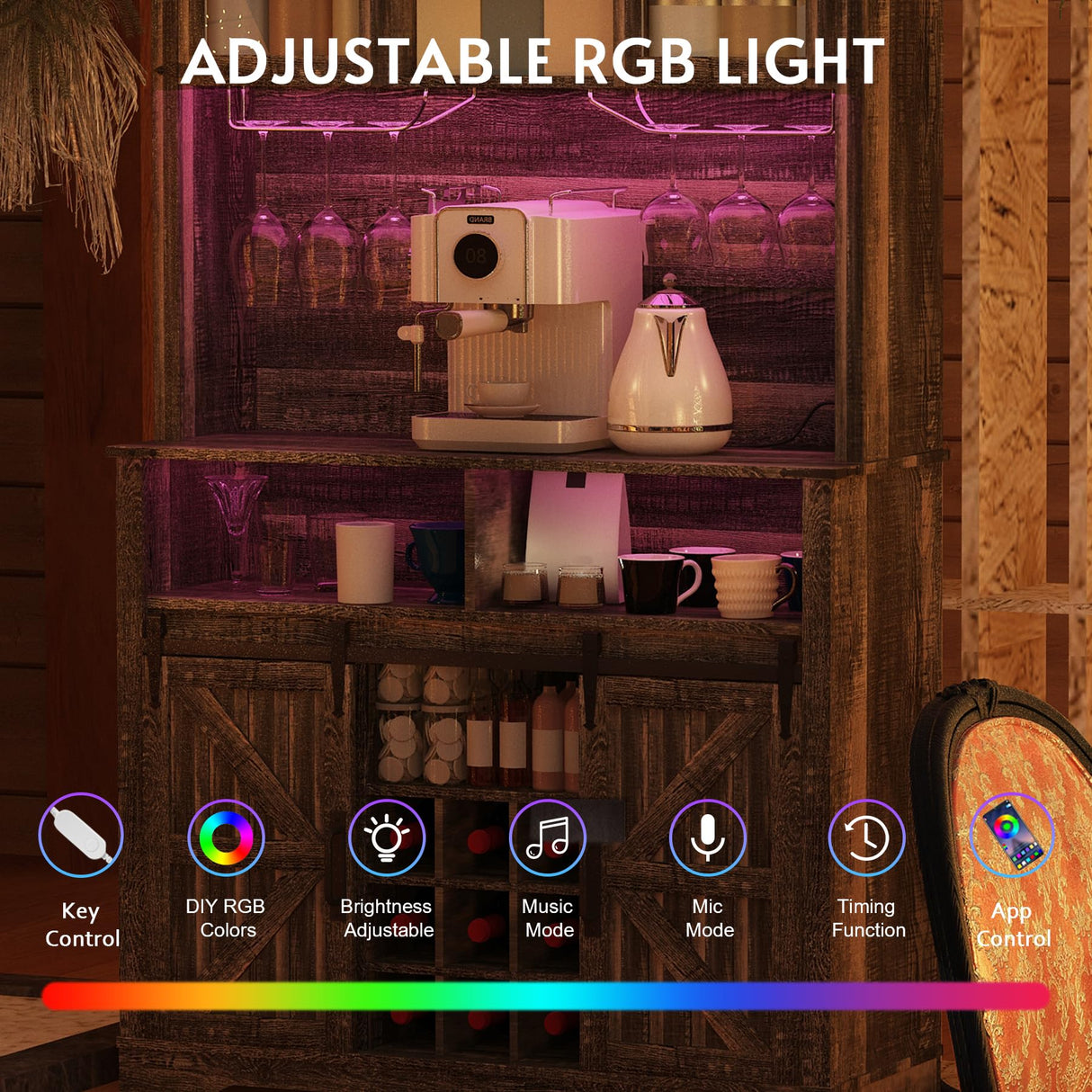 GlouMod Farmhouse Coffee Bar Cabinet with Sliding Barn Door, Buffet Cabinet with Hutch, Kitchen Pantry Cabinet with Power Outlet & Lighting, Tall Liquor Cabinet for Home Dining Room, Black GlouMod