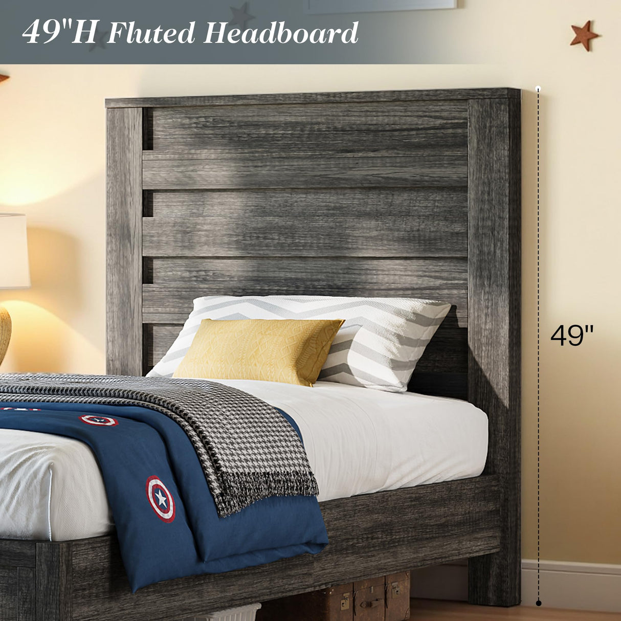 Albott Farmhouse Twin Platform Bed with 49" Fluted Headboard, Wood Bed Frame with Natural Grain Finish, No Box Spring Needed, Noise-Free, Rustic Grey Albott