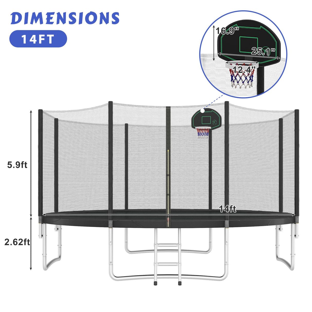 Trampoline 14FT for Kids and Adults with Safety Enclosure Net, Basketball Hoop &Ladder 1500LBS ASTM Compliant Outdoor Recreational Trampoline Merax