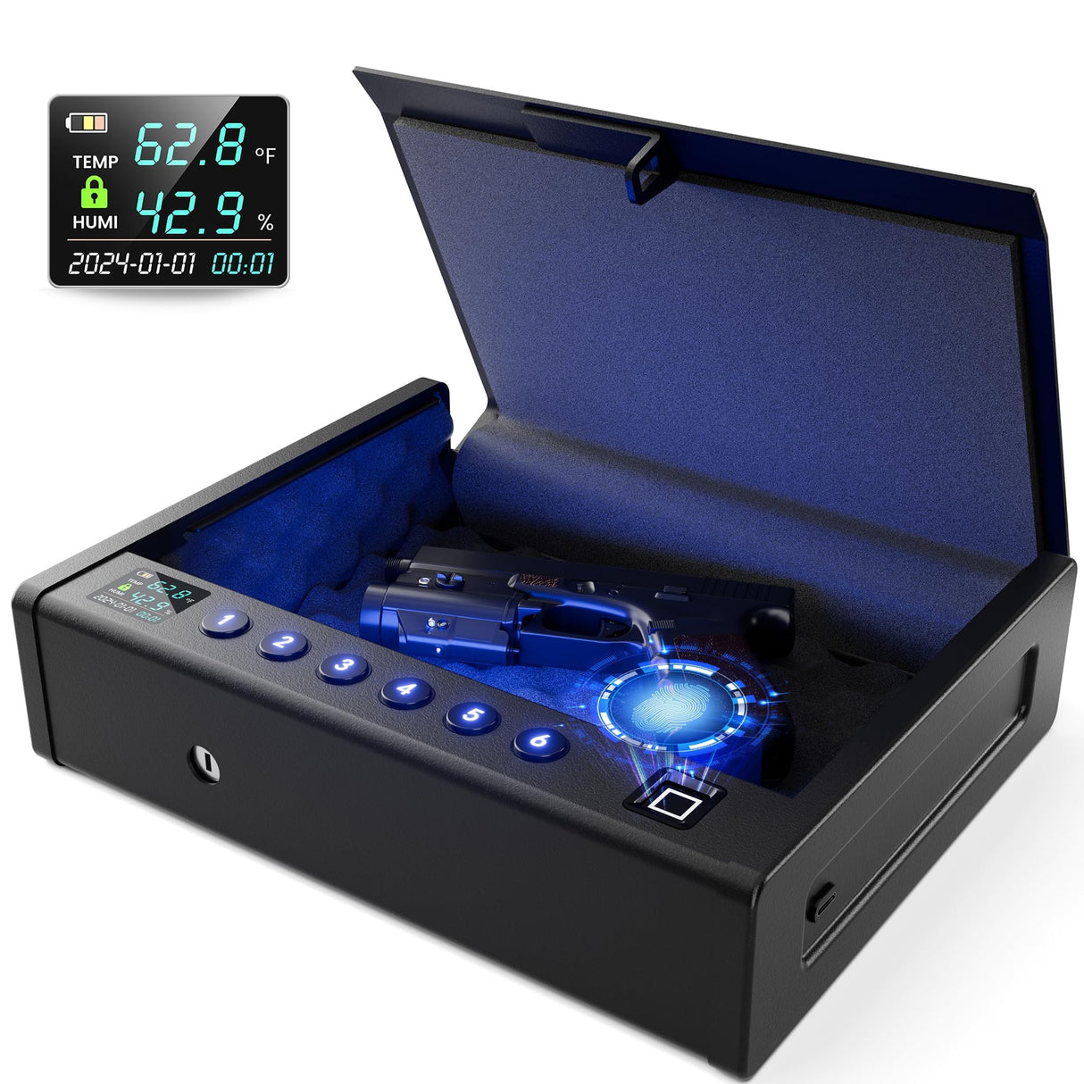 Grimtron Biometric Fingerprint Pistol Safe for Handguns with LCD Display, Quick Access, Temperature & Humidity Control, Mountable Bedside Gun Safe for Car, Nightstand, and Cloakroom Grimtron
