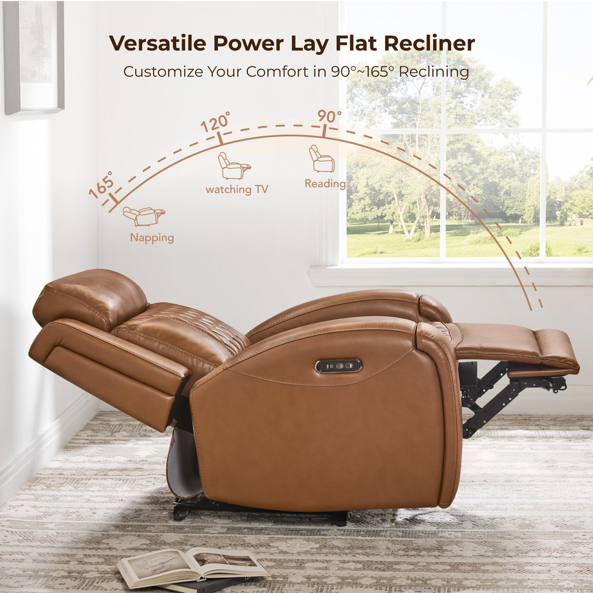 CHITA Genuine Leather Recliner Chair for Adults with Adjustable Power Headrest, Lay Flat Power Recliner with Slide-Out Cupholders & USB/Type-C Ports, Living Room Chair, Saddle CHITA