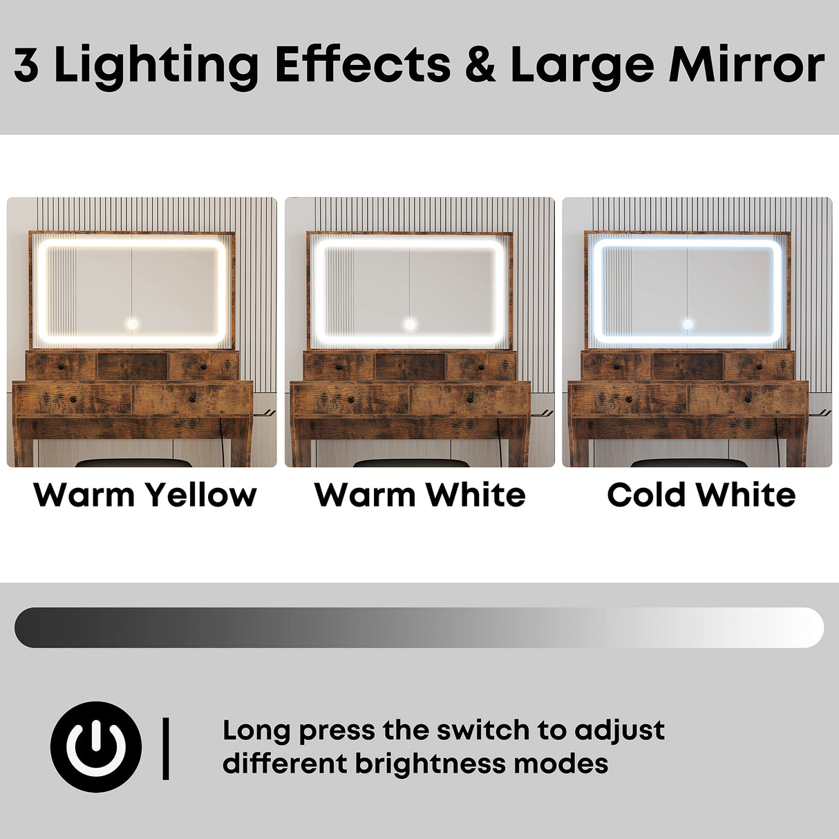 LIKIMIO Vanity Desk with LED Lighted Mirror & Power Outlet & 4 Drawers, Dressing Makeup Table Set with Storage Stool and Hair Dryer Stand, Vintage LIKIMIO