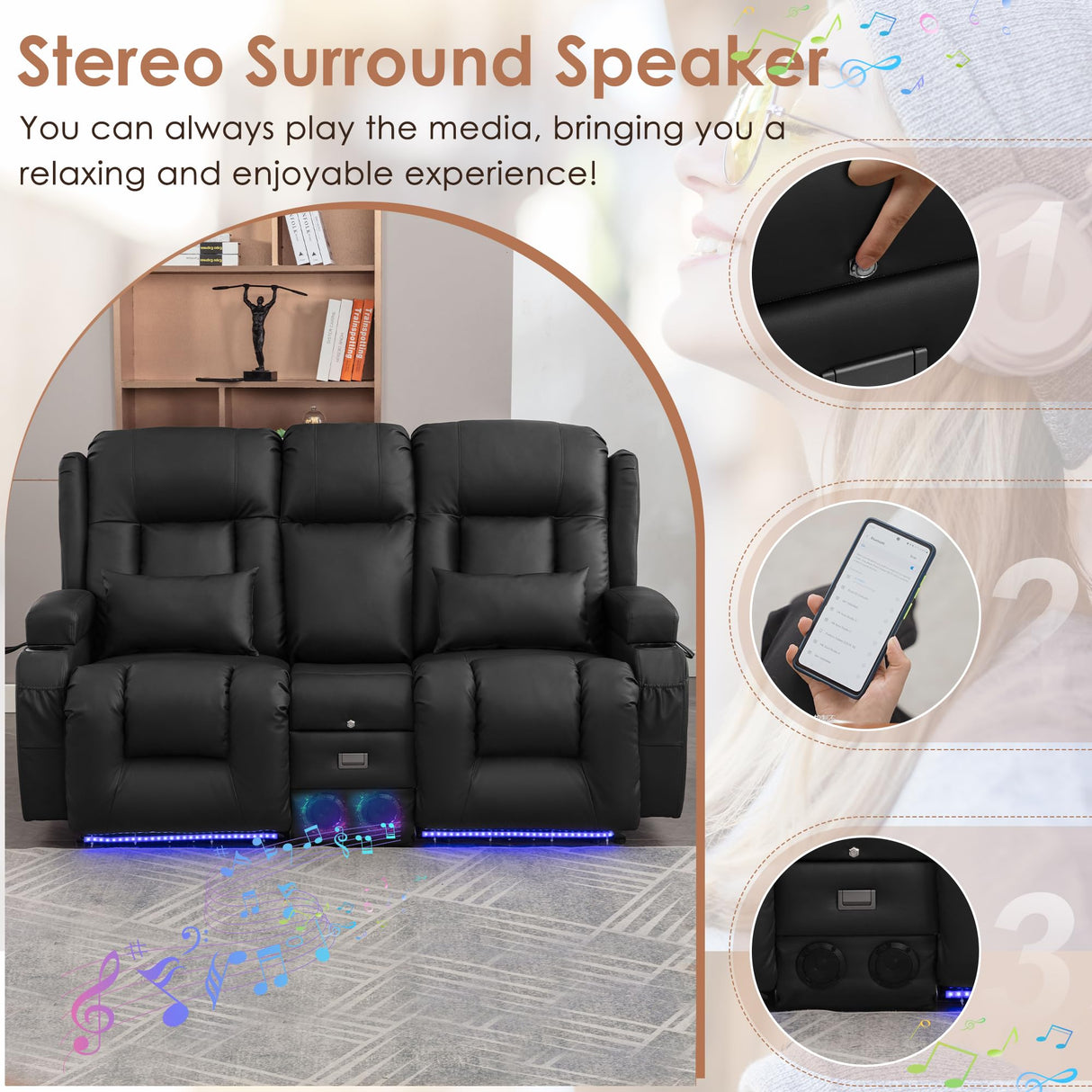 TUNYI Wall Hugger Power Loveseat Recliner - Reclining Loveseat with Console Theater Seating RV Recliner Sofa with USB/Outlet/Speaker/Cup Holder/LED Light/Storage (Black) TUNYI