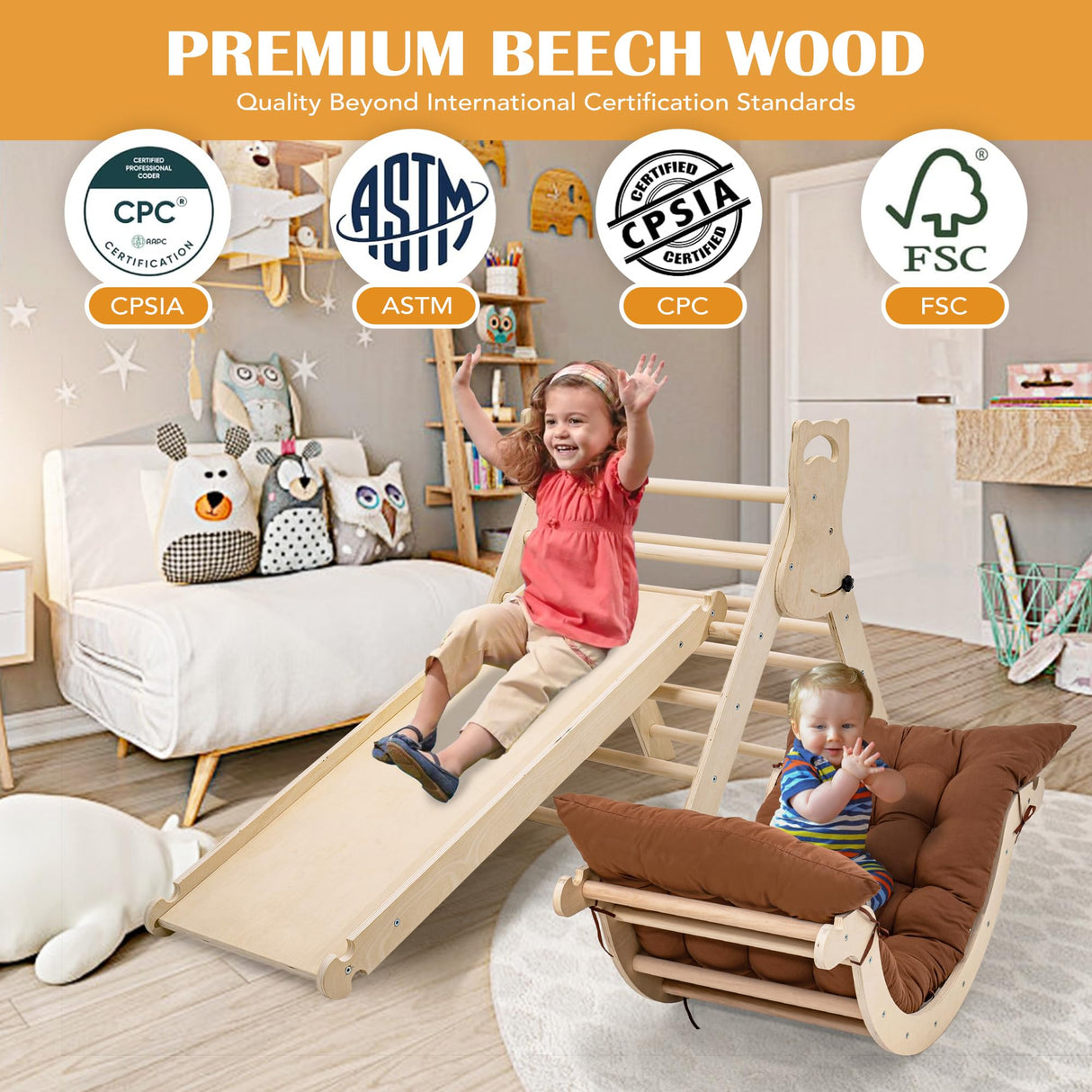 NEOCOZY Pikler Triangle Set with Cushion, Arch and Slide, Toddler Climbing Toys Indoor Playground, Montessori Climbing Set, Indoor Jungle Gym, Wooden Pickler-3 Piece Climbing Gym for Kids 2-6yr NEOCOZY