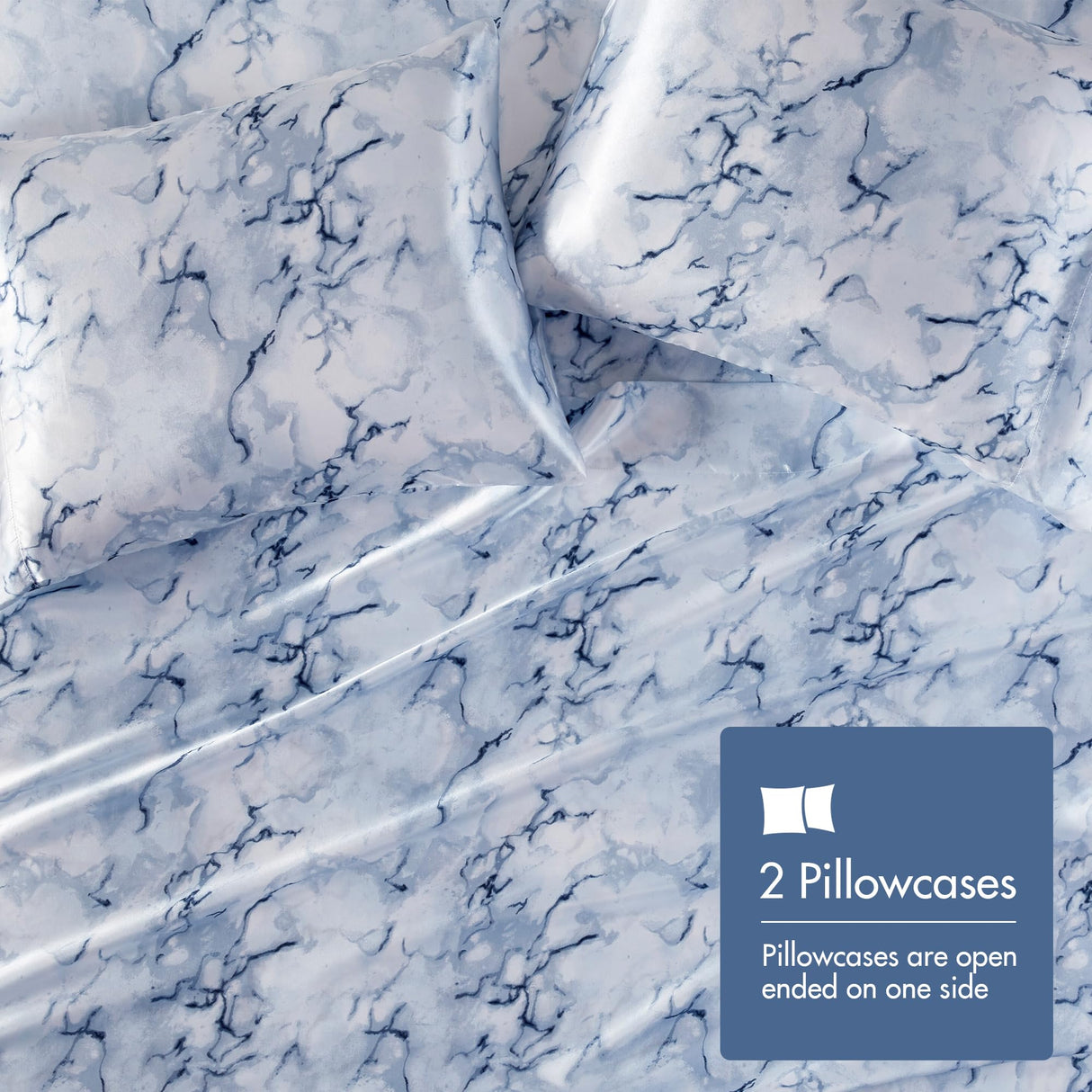 Madison Park Essentials Satin Sheet Set Luxuriously Smooth on Hair & Skin, Lustrous, Silky Bedding, All Seasons Sheets, Elastic Deep Pocket Sheet Fits Up to 16" Mattress, Queen Blue Marble 4 Piece Madison Park